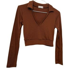 Altar'd State Ribbed Collared Long Sleeve Cropped Pullover Sweater Top Brown XS